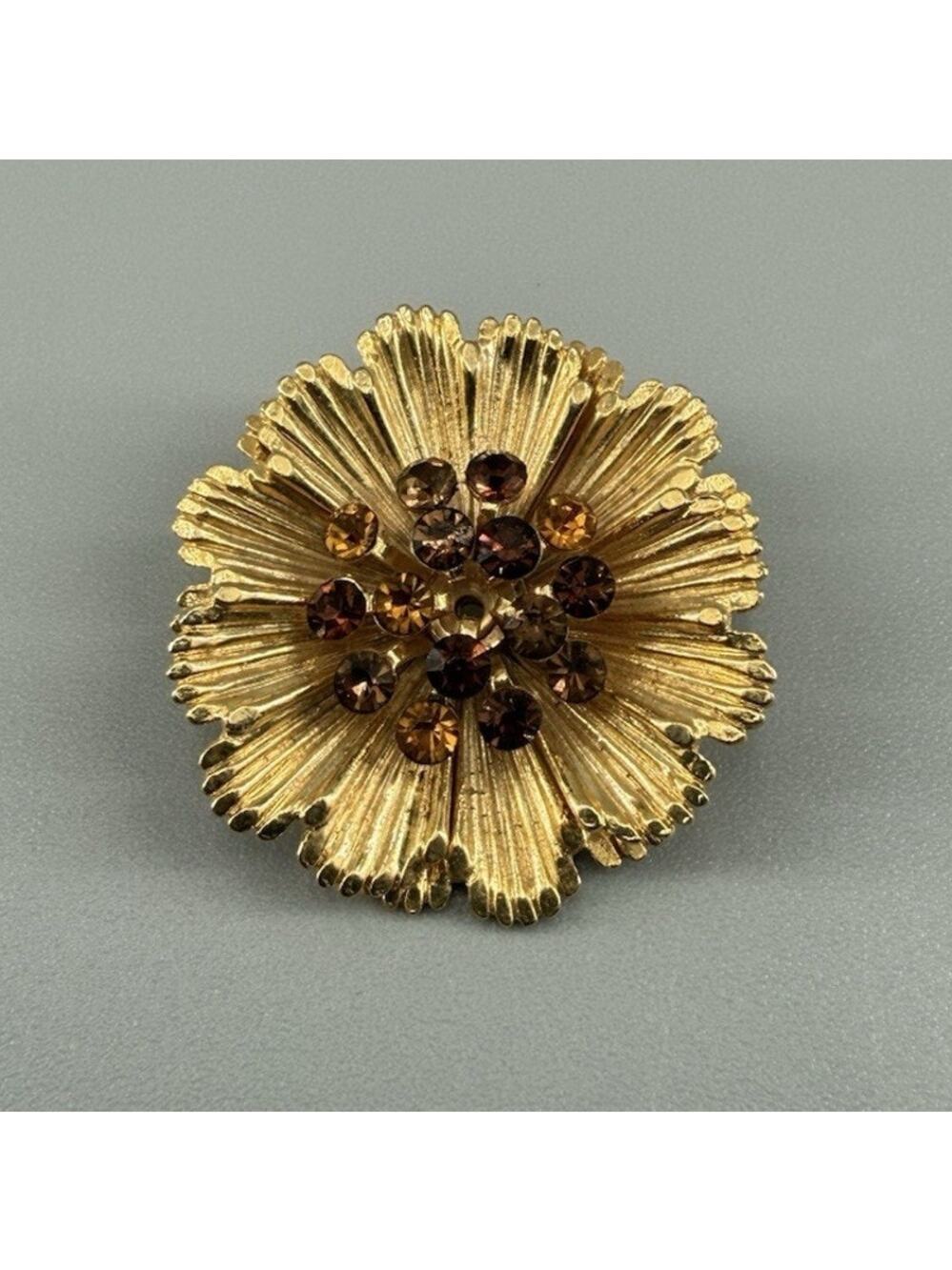 Vintage Unsigned Textured Poppy Flower Brown Rhinestone Cluster Floral Brooch